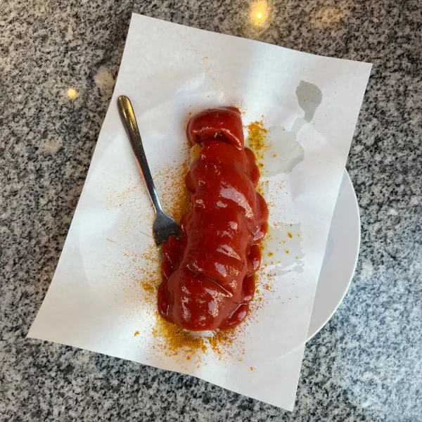 Currywurst without intestines at Bier's in Friedrichstraße