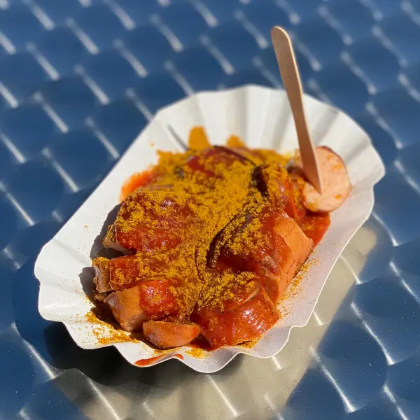 Currywurst with intestines at Wurst :-) at the Brandenburg Gate